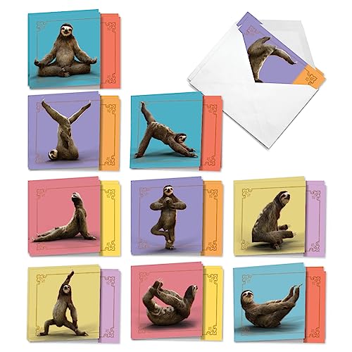 The Best Card Company - 20 Blank Yoga Animal Cards (4 x 5.12 Inch) - All Occasion Set (10 Designs, 2 Each) - Sloth Yoga AMQ6255OCB-B2x10 - style: Sloth Yoga