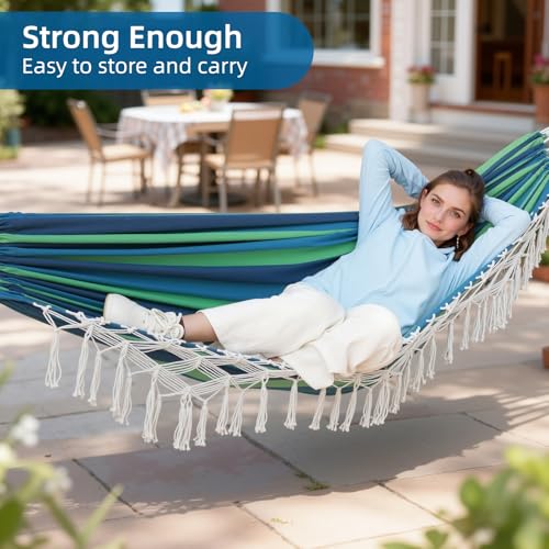 Posprica Brazilian Style Double Hammock with Fringe, 2 Person Patio Hammock for Backyard & Indoor Relaxation, Soft Breathable Fabric, Easy Setup with Straps & Carry Bag, 360 lbs Capacity - color: Blue Stripe