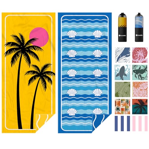 Eunzel 2 Pack Microfiber Beach Towel, Quick Dry Travel Towel Large Sand Free Towel for Beach, Camping, Swim Pool, Gym, Sports& Yoga 71"x32", Golden Coast/Azure Tide Set - color: Golden Coast & Azure Tide Set
