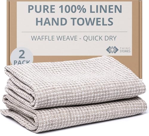 European Flax Linen Kitchen Towels Set of 2 - 16x28-inch - Waffle Weave - color: White Natural, size: Hand Towels