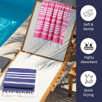 WeWove Turkish Peshtemal Beach Towels Large 39x70 Inch Set of 2-100% Cotton Soft Quick-Drying Absorbent Washable - Versatile for Beach Bath Pool Spa Picnic Travel - Turkish Towels Blue Pink - color: Blue Pink