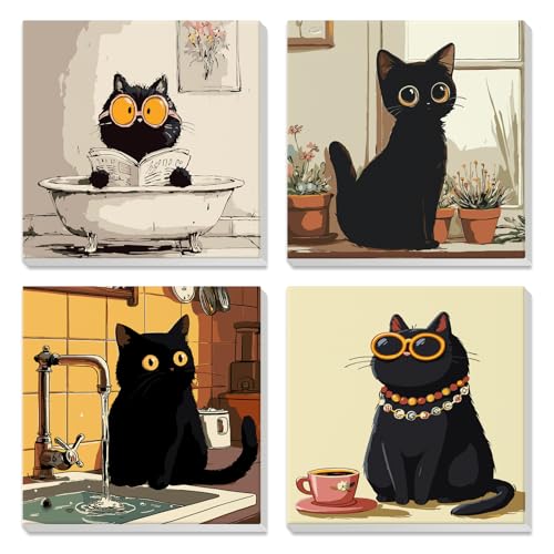 NEWENMO 4 Pack Paint by Number for Kids with Wooden Frame, Funny Cat Paint by Numbers for Kids Ages 8-12, Cute Cats, DIY Acrylic Oil Painting for Beginners for Home Wall Decor 8X8 inch - color: Black