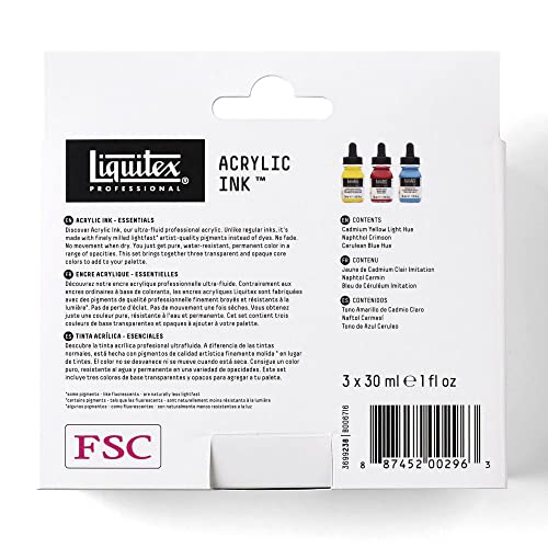 Liquitex Professional Acrylic Ink, 1-oz (30ml), Essential Color Set, Set of 3 | Ultra Fluid Acrylic, Highly Pigmented, Dye-Free, Non-Fading, Satin Finish, Permanent When Dry, Lightfast - color: Essential - Set of 3