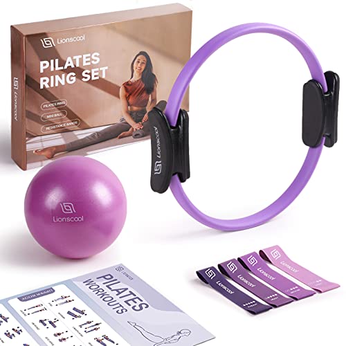 LIONSCOOL Pilates Ring Set 14" Magic Circle, 9" Mini Ball, Resistance Bands | Foam-Padded Fiberglass Pilates Ring, 400 lb Anti-Burst Ball, Latex Bands, Guide & Bag, Pilates Equipment Kit for Home Workout - color: Purple
