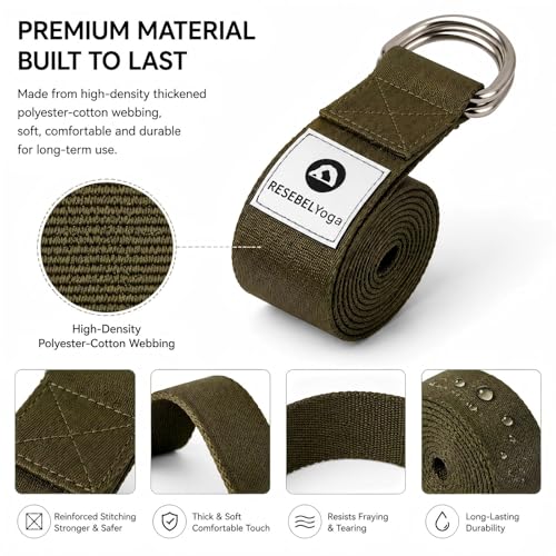 Yoga Strap for Stretching, Non-Elastic Yoga Belt with D-Ring | Thickened cotton strap in 6ft & 8ft sizes for Pilates, gym workouts, physical therapy, flexibility and posture support - color: Army Green, size: 8Feet/2.4M
