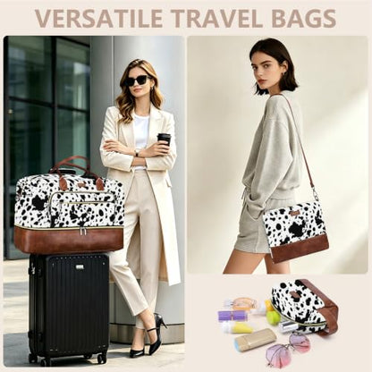 Large Women Travel Weekender Bag: Carry on Duffle with Shoe Compartment | Overnight Duffel Bags with Wet Pocket, Crossbody & Toiletry Bag, 3PCS Womens Traveling Tote Set for Hospital Gym Weekend Trip - color: Black Cow Print