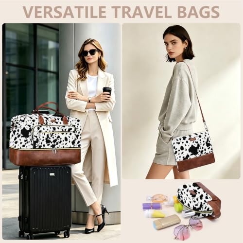 Large Women Travel Weekender Bag: Carry on Duffle with Shoe Compartment | Overnight Duffel Bags with Wet Pocket, Crossbody & Toiletry Bag, 3PCS Womens Traveling Tote Set for Hospital Gym Weekend Trip - color: Black Cow Print