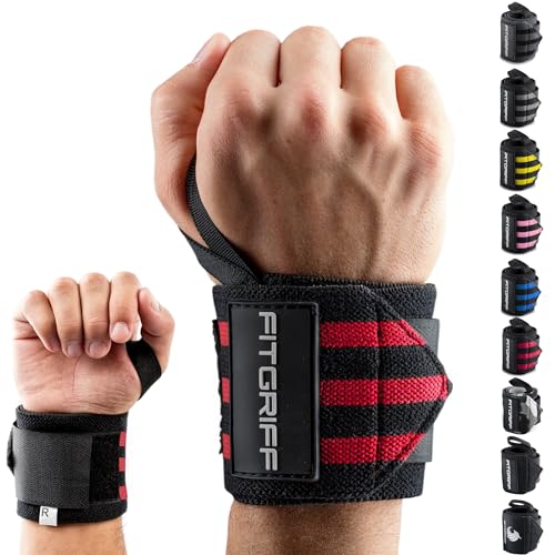 Fitgriff® Wrist Wraps for Weightlifting (18") Heavy-Duty Support for Gym, Bench Press, and Pushups (1 Pair) - for Men and Women (Black/Red) - color: Black/Red
