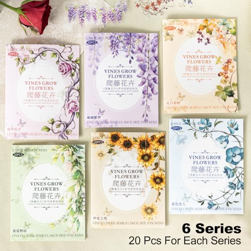 120 Pcs Floral Vine Stickers for Scrapbooking and Journaling | PET material with cascading flowers and vines for junk journals, collage, planners, card making and DIY crafts - color: Climbing Blooms