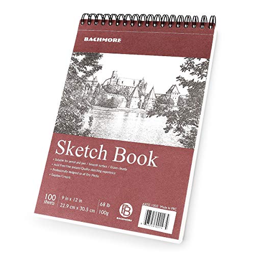Bachmore Sketchpad 9X12 Inch (68lb/100g), 100 Sheets of TOP Spiral Bound Sketch Book for Artist Pro & Amateurs | Marker Art, Colored Pencil, Charcoal for Sketching - color: Burgundy, size: 9'' X 12''