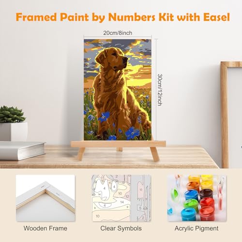 MOGTAA Paint by Numbers Kit for Adults with Frame, Dog Paint by Number Canvas, Flowers Scenery Paint by Numbers with Easel, DIY Animal Oil Painting Kit for Home Wall Decor 8 x 12 Inch - color: Dog