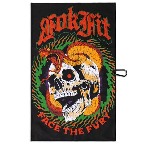 RokFit Gym & Golf Towel – Multi-Use, Quick-Dry, Durable Utility Towel with Bold Graphic and Carabiner Clip (Face The Fury) - color: Face the Fury