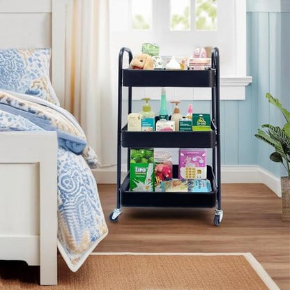 SETTFRFE 3-Tier Metal Rolling Storage Cart with Lockable Wheels,Black | Utility Cart for Kitchen Bathroom Dorm ,Movable Snack Cart & Art Cart for Esthetician Nail Lash Diaper,Tool-Free Assembly