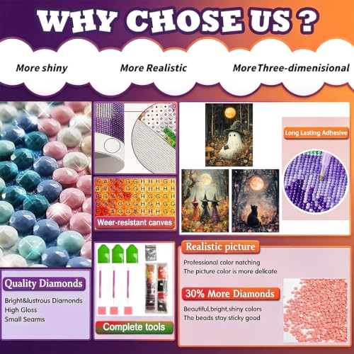 3 Pack Diamond Painting Kits for Adults Halloween Diamond Art for Adult | Full Round Drill Paint by Diamond, Halloween Diamond Painting Gem Art, Arts and Crafts for Adults Beginners 12x16 Inch - color: 3 Pack-Halloween