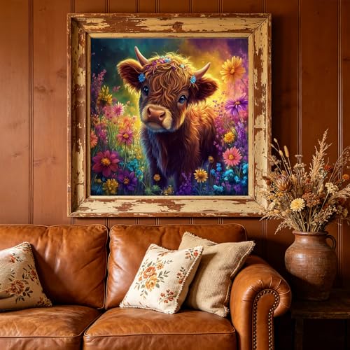 5D Highland Cow Diamond Art kits for Adults Beginners 13.7x 13.7 Inch | Animals Diamond Painting Kit DIY Full Round Drill Paint by Diamonds Dot Gem Art for Adult, Home Wall Decor - color: KM943-1