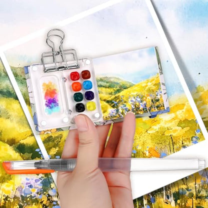 11 Pcs Mini Portable Watercolor Palette Set Travel Paint Palette Kit Pocket Watercolor Travel Set Clear Acrylic Grid Paint Box 3Pocket Watercolor Sketchbooks 6Artist Paint Brushes 1Binder Clip