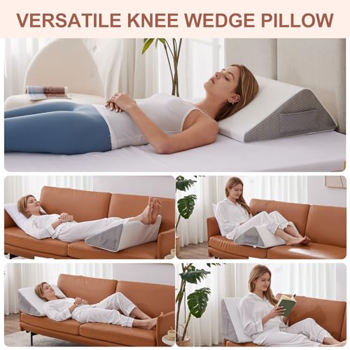 Bedluxe Knee Pillow for Back Sleeping, Leg Pillow Knee Wedge Pillow, Memory Foam Wedge Pillows for Legs Post Surgery, Triangle Pillow for Knee Support, Leg Elevation, Knees Hip Back Pain Relief, White - color: White/Grey, size: 23.6*18.9*7.9 Inch