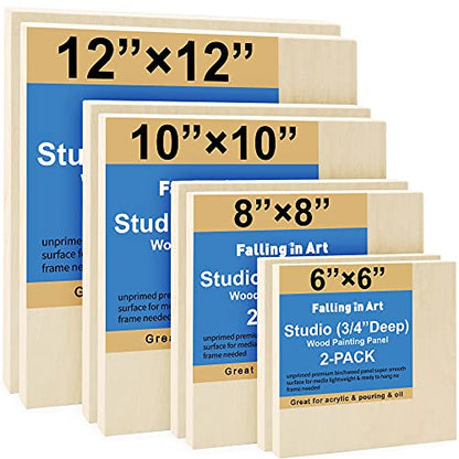 Falling in Art 8 Pack 4 Sizes Unfinished Birch Wood Canvas Panels Kit | Studio 3/4’’ Deep Wood Canvas, Cradle Boards for Painting, Pouring, Burning, Crafts, Epoxy Resin, Laser Engraving Cutting - size: 6*6 8*8 10*10 12*12 2-Pack
