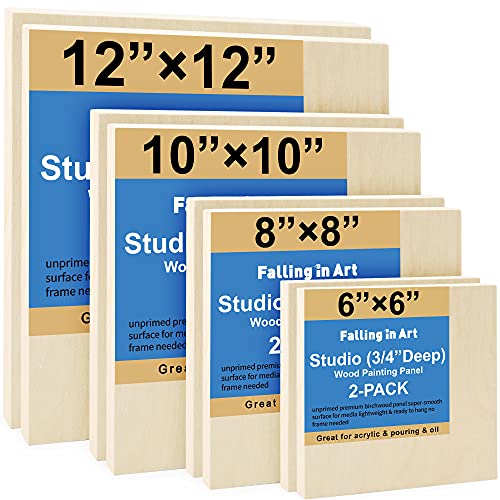 Falling in Art 8 Pack 4 Sizes Unfinished Birch Wood Canvas Panels Kit | Studio 3/4’’ Deep Wood Canvas, Cradle Boards for Painting, Pouring, Burning, Crafts, Epoxy Resin, Laser Engraving Cutting - size: 6*6 8*8 10*10 12*12 2-Pack