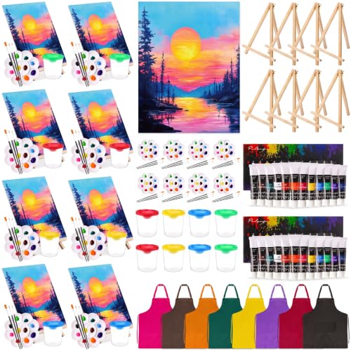 Cholemy 8 Set Paint and Sip Kit for Adults 8'' x 10'' Pre Drawn Canvas with Wooden Easels Acrylic Paint Brushes Wash Cup Palette Apron for Painting DIY Date Night Party Supplies (Sunset Lake) - style: Sunset Lake