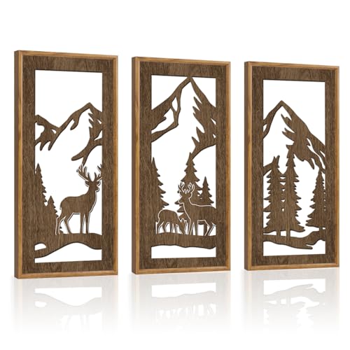 HPNIUB 3PCS Jungle Animals Wall Decor,Rustic Mountain Forest Wooden Sign for Living Room,Vintage Abstract Deer Pine Trees Hanging Wood Plaque Wall Art Nature Wall Sculpture for Home Office(8x16Inch) - color: Mountain Animals Wooden Wall Art