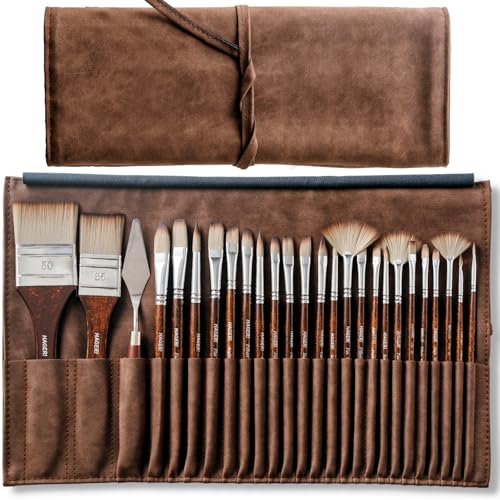 Paint Brushes, 25 Pieces Expert Synthetic Nylon Bristles Paint Brush Set with Suede Leather Roll with Palette Knife