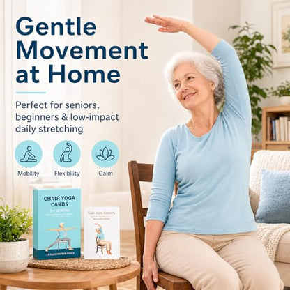 Oversized Chair Yoga Cards for Seniors, 53 Seated Yoga & Stretch Poses, Large-Print Step-by-Step Exercise Deck with Storage Box, Low-Impact Mobility & Flexibility Workouts for Older Adults