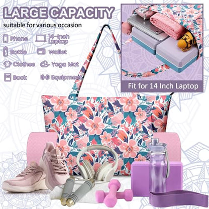 Yoga Bag for Women, Large Canvas Yoga Mat Tote Bag with Yoga Mat Carrier | Large Mat Pocket Fitness Tote for Pilates, Gym, Travel, Office & Beach - color: Pink Flower