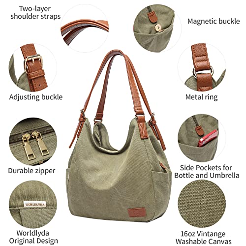 Worldlyda Women Canvas Hobo Purse Multi Pocket Tote Shopper Shoulder Bag Casual Top Handle handbag with Embroidery Ethnic - color: Be06army Green