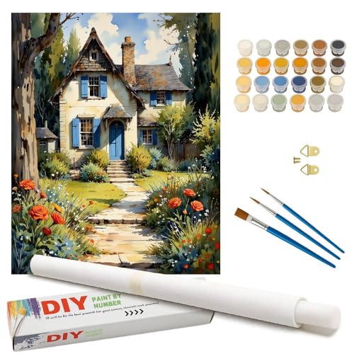 Cottage Paint by Numbers Kit for Adults – DIY Cozy Cottage with Garden Path Painting on Rolled Canvas 16x20 Inches, Acrylic Paint Set, Suitable for Beginners, Country Home Art for Decoration or Gifts - color: HSX00505, size: 16X20IN Rolled