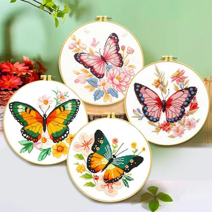 Zhenqing 4 Butterfly Floral Cross Stitch Kit, 11CT Printed Fabric with Hoop | 4 butterfly floral designs with 11CT printed fabric, floss, one hoop, tools and English guides. - color: 4 Butterfly Kit