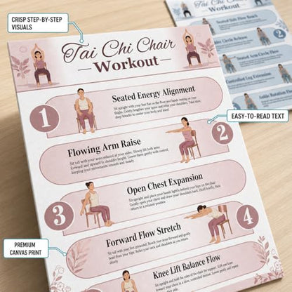 Tai Chi Chair Workout Chart Poster Set, 6-Piece Canvas Prints, Seated Chair Tai Chi Exercises for Seniors & Beginners, 30-Day Workout Charts, Easy-to-Read Wall Art | Unframed (8" L x 10" W) - size: 8"L x 10"W