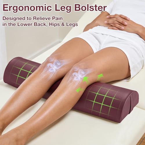 Half Moon Bolster Pillow for Leg, 21 x 6 x 3 in Knee Support Pillow Pad | PU Leather Semi Roll Massage Bolster w/Strap Handle, Water & Oil Proof D Shaped Cushion for Yoga Therapy Spa Physical Relief - color: Medium Purple- 21x6x3 in - Pu Leather