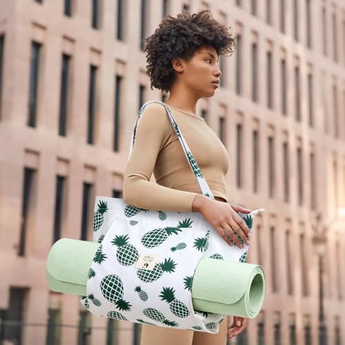WLLWOO Yoga Mat Carrier Bag for Women Canvas Carryall Tote Gym Pilates | Large Holder Zipper Shoulder for Beach Travel Workout Fitness Office - color: Pineapple
