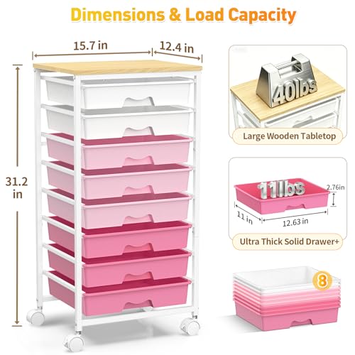 SUNALLY Rolling Cart With 8 Drawers, Storage Drawer Cart for Craft Art,Pink | Storage Utility Cart with Wooden Tabletop & 2 Lockable Wheels, Teacher Storage Cart for Classroom School Storage, Makeup,Nail - color: Pink