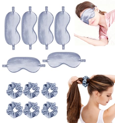 12Pcs Silk Sleep Masks Satin Eye Mask Silky Eyes Cover Blindfold Eyeshade Hair Ties Scrunchy Travel Bridesmaids Gifts - color: Dusty Blue
