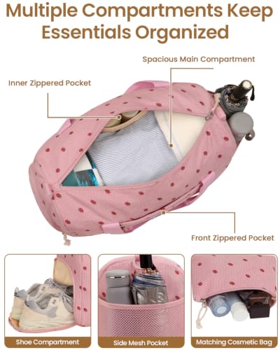 Vankor Gym Bag for Women, 17.5 inch Sports Duffle Bag with Shoe Compartment - color: Pink Corduroy Strawberry