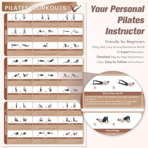 GINMIC Pilates Kit, Pilates Equipment for Home Workouts, at Home Pilates Set with Complete Accessories: Pilates Ring, Pilates Ball, Long and Loop Resistance Bands, Socks, Massage Ball, Guide & Bag - color: Oat & Brown