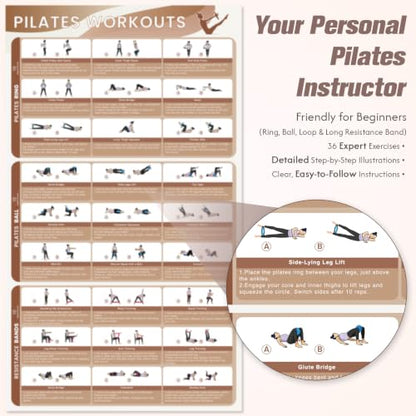 GINMIC Pilates Kit, Pilates Equipment for Home Workouts, at Home Pilates Set with Complete Accessories: Pilates Ring, Pilates Ball, Long and Loop Resistance Bands, Socks, Massage Ball, Guide & Bag - color: Oat & Brown