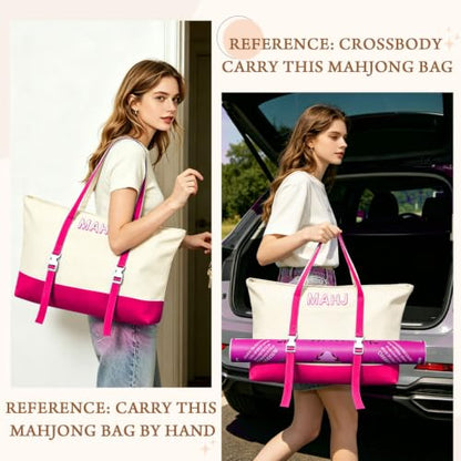 Mahjong Bag Storage Carrying Case for Tiles with Shoulder Strap (Rose Red) | 3-Bag System, External Mat Strap, Large Capacity, Lightweight Canvas, Reinforced Stitching, Fast Packing. - color: Rose Red