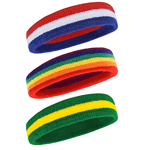 BEACE Sweatbands Sports Headband for Men & Women - Moisture Wicking Athletic Cotton Terry Cloth Sweatband for Tennis, Basketball, Running, Gym, Working Out - color: Red Whi Blu/Rainbow/GR YE GR