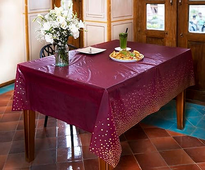 Neatiffy 54 x 108 Inch Rectangle Plastic Table Cloth Picnic/Camping/Birthday Party/Banquet Table Cover. Disposable/Reusable Tablecloths - Burgundy with Golden Dot - color: Burgundy With Gold Dot