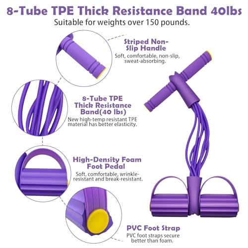 Pedal Resistance Band with Handle,4/6/8 Tubes Options,Full-Body Use - color: 8Tubes-Purple