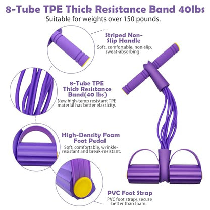 Pedal Resistance Band with Handle,4/6/8 Tubes Options,Full-Body Use - color: 8Tubes-Purple