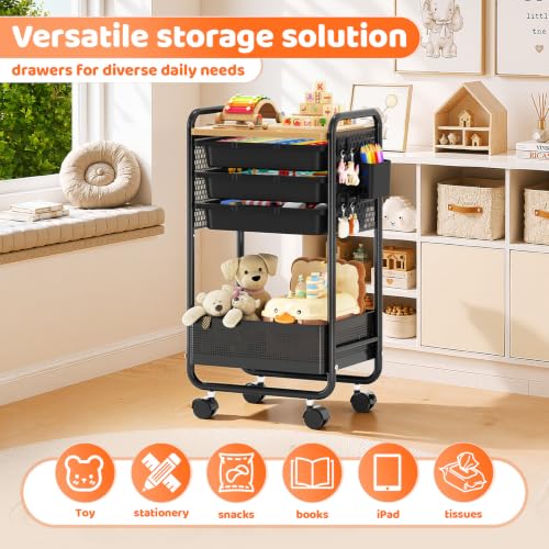 KINGRACK 3 Tier Rolling Cart with Drawer, Metal Utility Storage Cart, Black | 3 Drawers, Pegboard & Wood Tabletop, Lockable Wheels, 4 Hooks & 1 Bin, for Living Room,Bedroom,Craft Room,Office,Kids Room - color: Black
