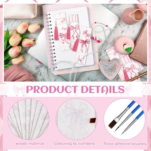 Kosiz 12 Pcs Pink Bow Paint by Number Kit for Adult Wood Bookmark | Mini Paint by Numbers Kit, Painting Decor, Tiny Tassels Blank Bookmarks, for Small DIY Craft Book Lovers Gift 7x2 '' - style: Pink Bow