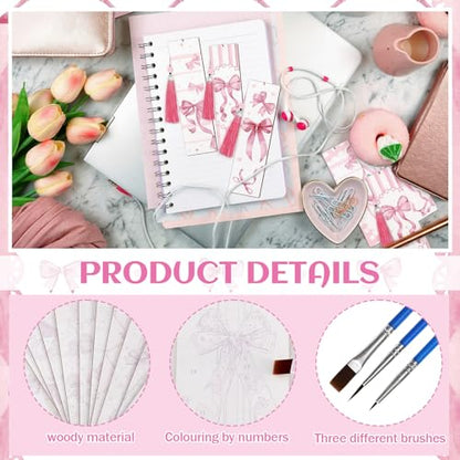 Kosiz 12 Pcs Pink Bow Paint by Number Kit for Adult Wood Bookmark | Mini Paint by Numbers Kit, Painting Decor, Tiny Tassels Blank Bookmarks, for Small DIY Craft Book Lovers Gift 7x2 '' - style: Pink Bow