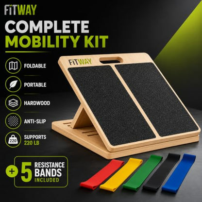 Adjustable Wooden Slant Board, 5-Level Calf Stretcher for Mobility & Rehab | Non-slip velour surface, 5-level incline, 5 resistance bands. Foldable, portable for home gym, physical therapy & rehab use.