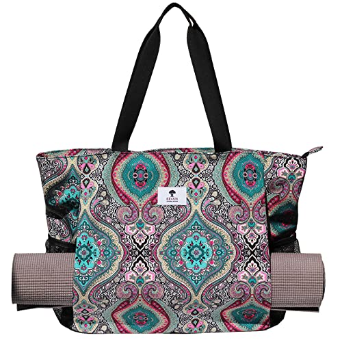 ESVAN Yoga Mat Bag Yoga Tote Carrier Shoulder Bag Carryall Tote for Office,Yoga,Pilates,Travel,Beach and Gym - color: E Bohemian Teal