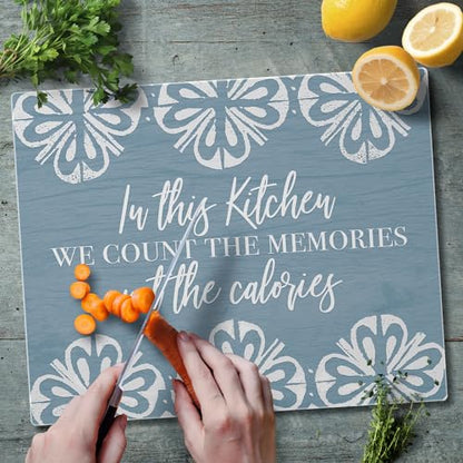 CounterArt Kitchen Memories Tempered Glass Cutting Board 12" x 15" | 3mm Thick, Serving Board, Charcuterie Board - color: Kitchen Memories